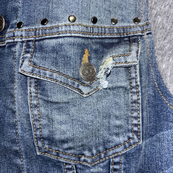 John Eshaya JET Blue Denim Gray Knit Sleeve Jean Jacket Women's Size M/L - Picture 7 of 15